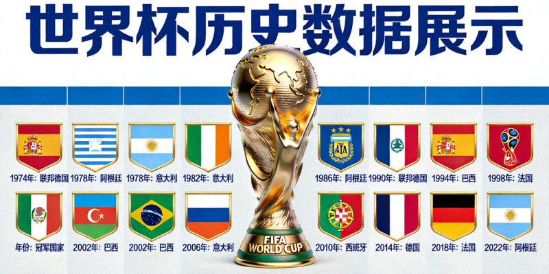 世界杯历史数据展示 - 大力神杯与历年冠军国家旗帜