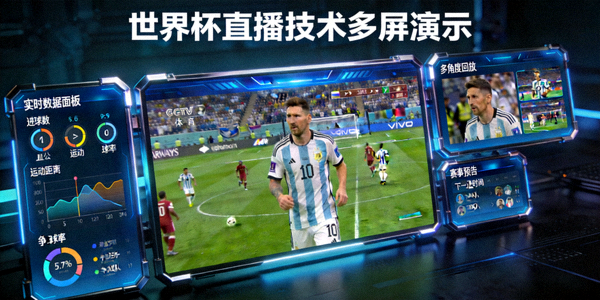 世界杯直播技术演示图 - 多屏幕显示不同比赛与数据
